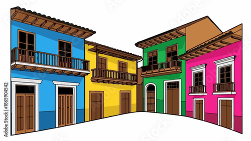 Colorful colonial buildings with balconies line a street