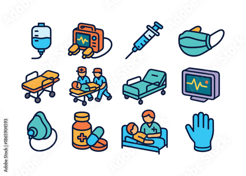 Medical Icons Set. Medical intervention. Colorful isometric vector icons set of medical intervention: IV drip, defibrillator, syringe, surgical mask,