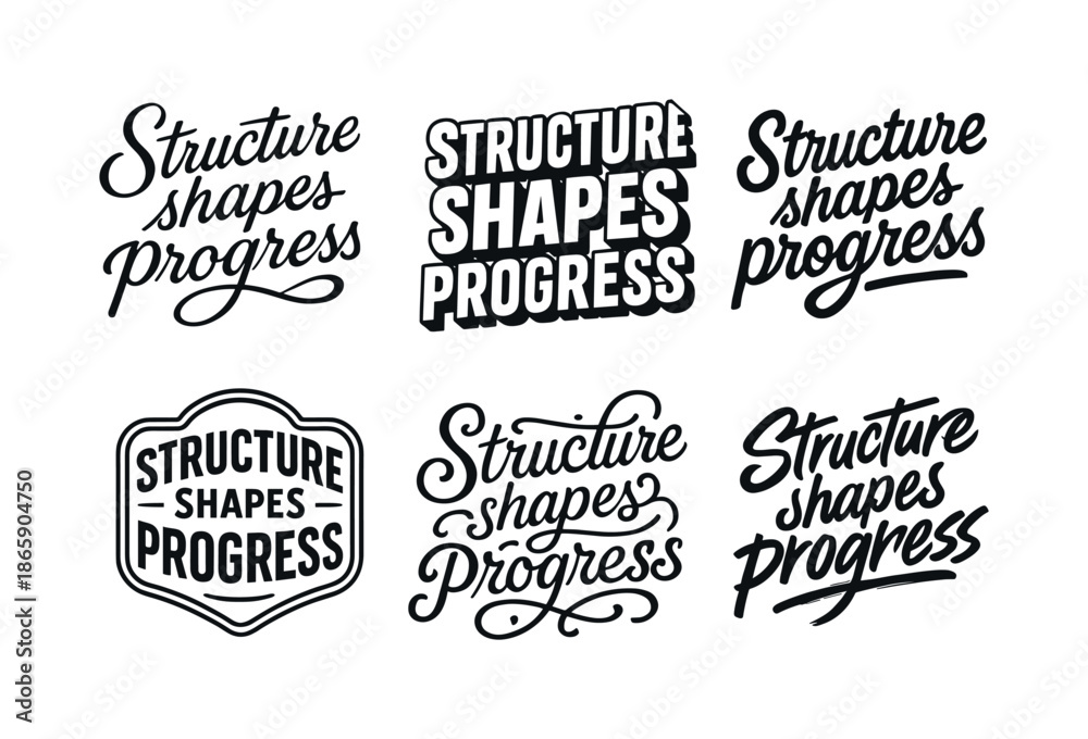 Fototapeta premium Diverse Lettering Styles. Structure shapes progress. Set lettering. harmonious lettering variations of the same emblematic concept, each with different