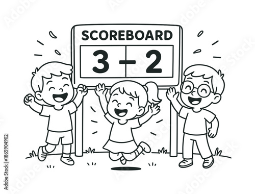 Cheerful Scoreboard Coloring Page. Scoreboard cheer children?s coloring book illustration, outlined drawing, a simple scoreboard showing a winning point with