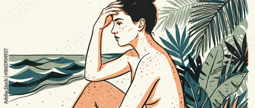 Sad and pensive woman with freckles and dark hair sits alone on a tropical shore, looking out at the sea with a contemplative expression in a stylish vector illustration