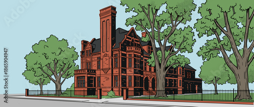 Large red brick historic mansion with a tall tower and ornate windows, illustrated in a bold graphic novel style with thick outlines and halftone shading on the trees