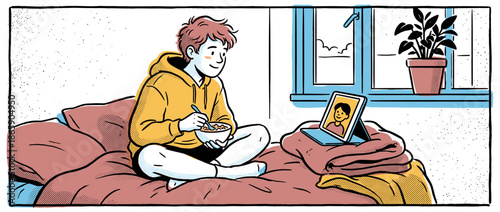 Young man in a yellow hoodie eats cereal from a bowl while sitting cross-legged on a bed and looking at a digital picture frame in a comic book style illustration