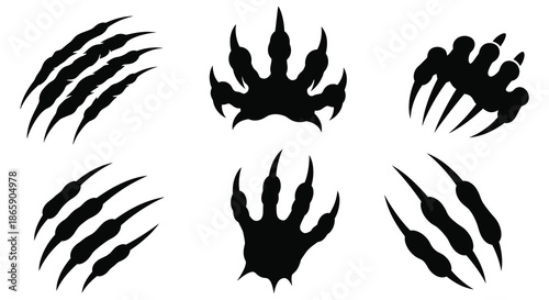 A collection of sharp dark claw marks and paw prints forming a dramatic powerful silhouette