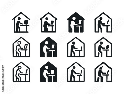 Home Office Icons. working from home. Icon set. Set Logo of working from home: standing desk silhouette. harmonious logo variations of the same emblematic