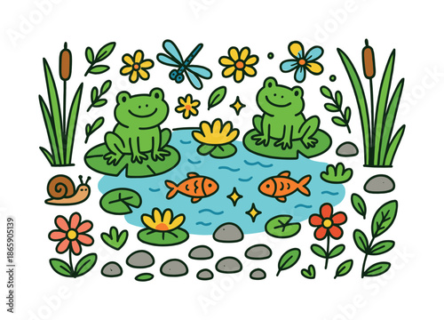 Vibrant Wildlife Pond. Small Wildlife Pond. Colorful Hand-drawn doodle Children illustration Small Wildlife Pond frogs, dragonflies, fish, lily pads, reeds,