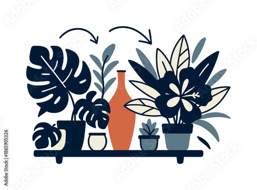 Tropical Jungle Shelf. Tropical shelf styling. A shelf packed with vivid leaves, tiny pots, and warm-toned objects feels like a compact jungle. Curved arrows