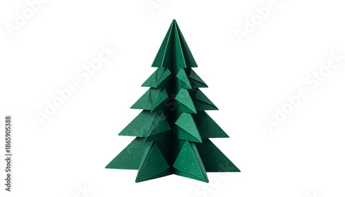 Paper origami tree on black background, green color, detailed folds