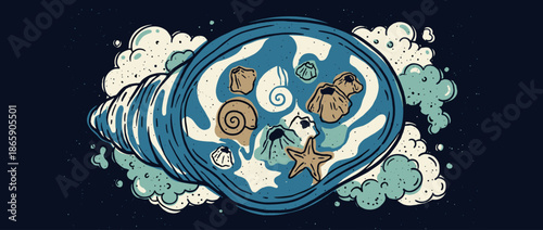 Stylized hand-drawn seashell illustration holds a miniature ocean with a starfish, barnacles, and shells, rendered in a whimsical vintage comic art style with bold outlines