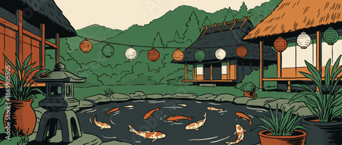 Traditional garden pond with koi fish swimming peacefully near stone lanterns and buildings decorated with paper lanterns in a serene, illustrative comic book style