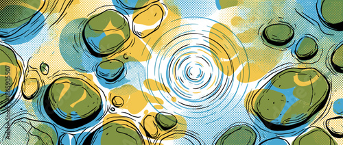 Abstract pop art style illustration of water ripples and smooth stones, featuring a graphic, hand-drawn design with a halftone dot pattern and a vibrant blue, green, and yellow palette