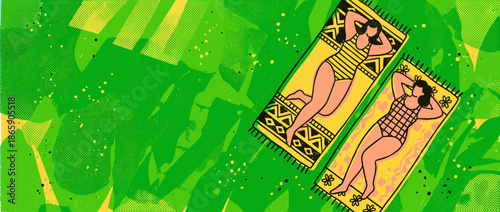 Two illustrated women in swimsuits relaxing on patterned towels, enjoying a summer day while sunbathing on a vibrant green lawn in a pop art comic book style