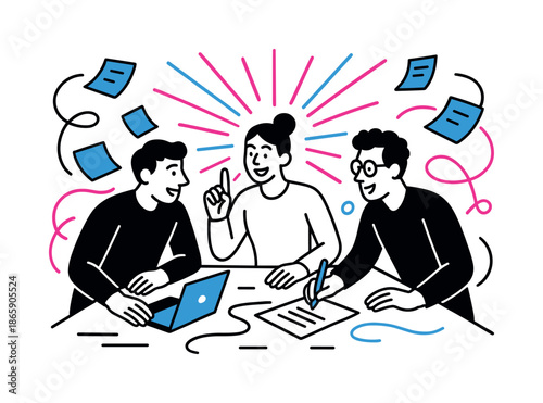 Dynamic Brainstorming Session. Team hustle. Three figures brainstorm around a table; floating notes swirl like fast ideas. Energy beams highlight synergy.