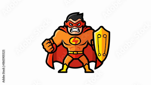 Fierce cartoon superhero, orange suit, red cape, yellow shield, lightning emblem