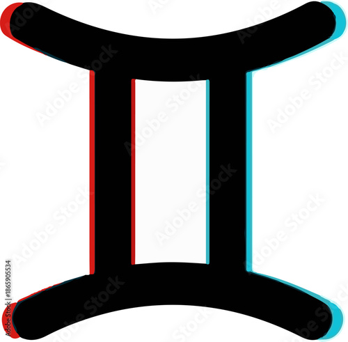 Bold black symbol with red and cyan digital distortion, resembling stylized twin figures