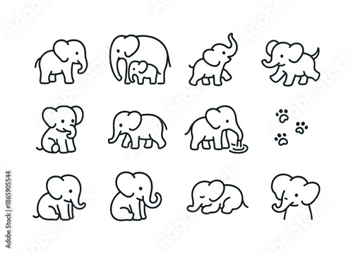 Baby Elephant Icons. Baby elephants. Line icon set of Baby elephants: small elephant, elephant with parent, trunk up baby, playful stomp, baby sitting, baby