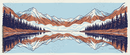 Symmetrical mountain landscape illustration with a pine forest reflected in a calm lake, featuring snow-capped peaks and stylized clouds in a serene, panoramic nature scene