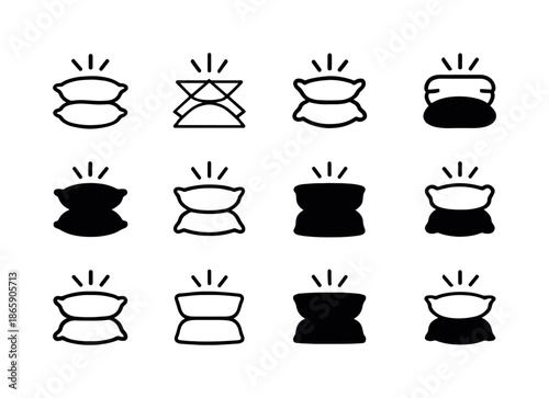 Fluffing Pillows Icons. Fluffing Pillows. Icon set. Set Logo of Fluffing Pillows: two pillows stacked with fluff lines. harmonious logo variations of the same