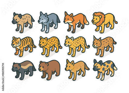 Colorful Carnivores Grid. Carnivores. Colorful isometric vector icons set of Carnivores: hyena, wolf, fox, lion, tiger, leopard, cheetah, lynx, wolverine,