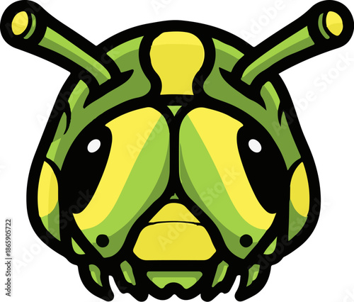 Stylized green and yellow insect head with antennae and large eyes