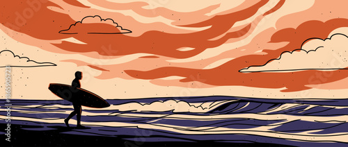 Silhouetted surfer with a surfboard walks along a sandy beach towards the ocean waves under a dramatic orange sunset sky in a graphic, retro illustration style