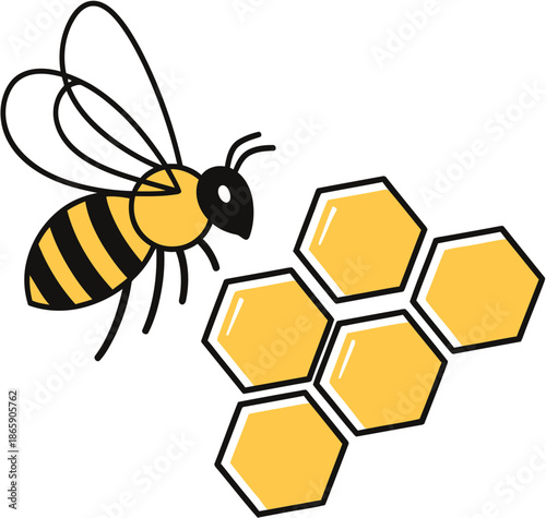 A simple, cheerful vector illustration of a honeybee next to golden hexagonal honeycomb, representing natural sweetness, diligent work, and the essence of apiculture