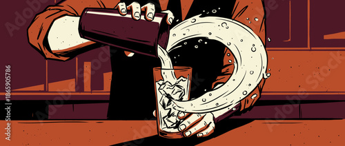 Bartender's hands pouring a mixed drink from a cocktail shaker into a highball glass filled with ice, depicted in a dynamic, high-contrast graphic novel illustration