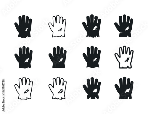 Worn Gloves Icons. Worn gloves. Icon set. Set Logo of worn gloves: torn fabric gardening glove. harmonious logo variations of the same emblematic concept, each