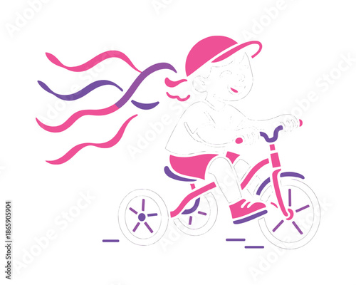 Child's Tricycle Adventure. Tricycle joy. A child rides in a playful zigzag; floating ribbons dance beside them. The moment feels carefree. Modern flat-line