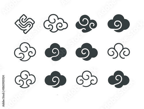 Gas Logo Variations. Gases. Icon set. Set Logo of gases: gas cloud swirl. harmonious logo variations of the same emblematic concept, each with different