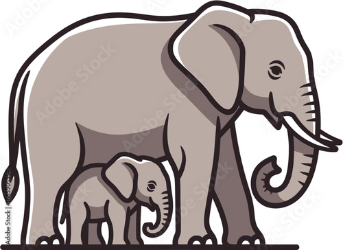 An endearing cartoon illustration capturing the tender bond between a large mother elephant and her small, innocent baby calf walking gracefully together, symbolizing protection and family in the wild