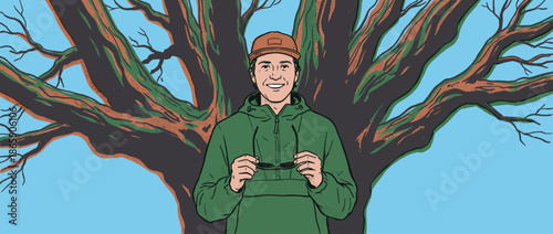 Happy young man in a green anorak and brown cap holds sunglasses, smiling at the camera in a bold graphic illustration with a large leafless tree