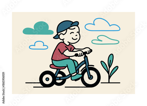 Tricycle Adventure Outdoors. Outdoor tricycle fun. The child pedals across a minimal path; light breezy shapes trail overhead. Smooth lines highlight balance