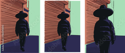 Mysterious person in a wide hat and puffy jacket walking away in a comic book style illustration triptych with a cinematic, noir aesthetic and flat colors