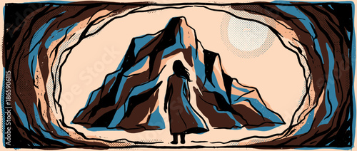 Lone figure in a long flowing coat stands at the mouth of a cave looking towards a mountain, a stylized graphic illustration with a limited color palette and halftone texture