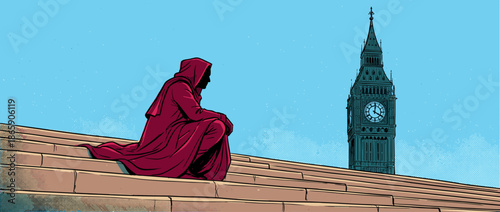 Mysterious hooded figure in a red cloak crouches on stone steps, observing a distant historic clock tower in a dramatic comic book style illustration with bold outlines