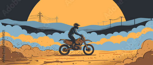 Motocross rider on a dirt bike speeds through a dusty off-road landscape in a dynamic comic book style illustration with a large sun and distant power lines