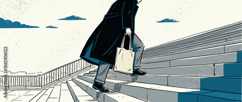 Illustrated person in a long dark coat climbs a wide concrete staircase while carrying a reusable tote bag, depicted in a modern graphic art style