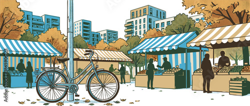 Urban farmers market illustration in a retro style showing a bicycle, people shopping at stalls, and modern buildings during a colorful autumn day