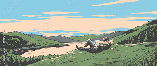 Relaxed man lying on a grassy hill enjoys a peaceful view of a mountain lake and forest in a retro comic book style illustration with halftone textures