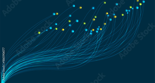 Abstract glowing data lines and particles forming a flowing digital fiber optic network on dark blue background. Vector design