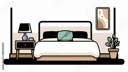 Cozy bedroom scene with a neatly made bed, nightstand, lamp, and plant