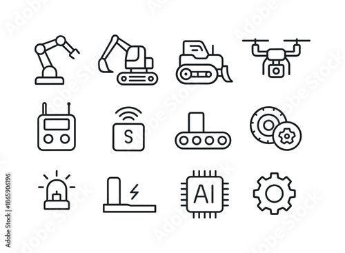 Construction Robotics Icons. Construction robotics. Line icon set of Construction robotics: robotic arm, autonomous excavator, unmanned bulldozer, drone