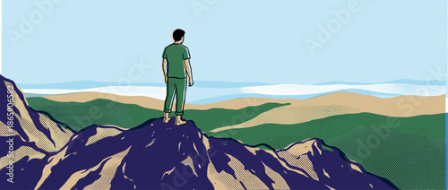 Man in green clothes standing barefoot on a rocky mountain peak looks out at a vast, hilly landscape in a graphic comic book illustration style with halftone textures
