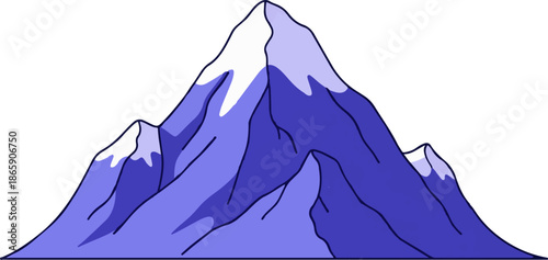 Stylized blue mountain range with snow-capped peaks and dark outlines