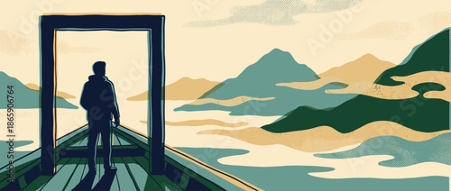 Silhouetted person in a dark hoodie stands within a large doorway, looking out at a serene mountain landscape in a modern graphic illustration with halftone textures