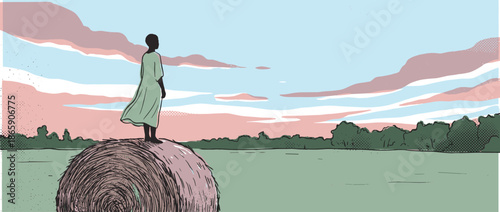 Silhouetted woman in a green dress stands atop a large round hay bale, gazing at a tranquil rural landscape in a serene, graphic novel style illustration with halftone details