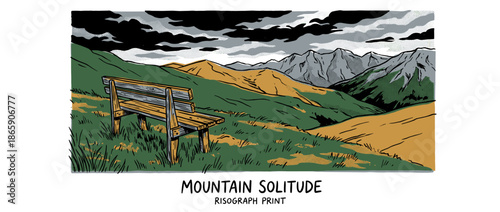 Empty wooden bench on a grassy hillside overlooks a vast mountain range under a dramatic stormy sky in a graphic comic book style illustration