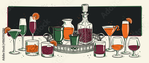 Illustrated assortment of retro cocktails and spirits in various glasses with a decanter and pitcher arranged on an ornate silver tray in a vintage graphic style