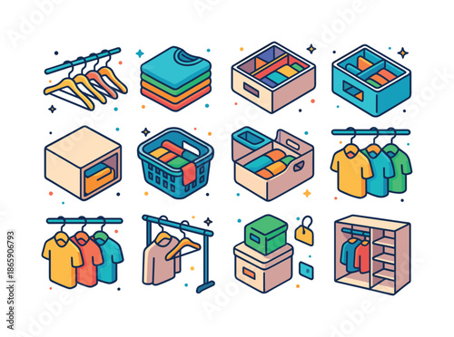 Joyful Closet Icons. Closet organization. Colorful isometric vector icons set of closet organization: hanger row, folded T-shirt stack, drawer dividers, shelf